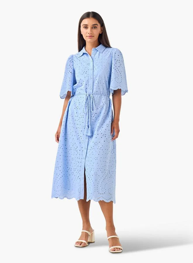 2Xtremz 2Xtremz Schiffili Embroidered Women Shirt Dress with Tie-Up Belt Cotton